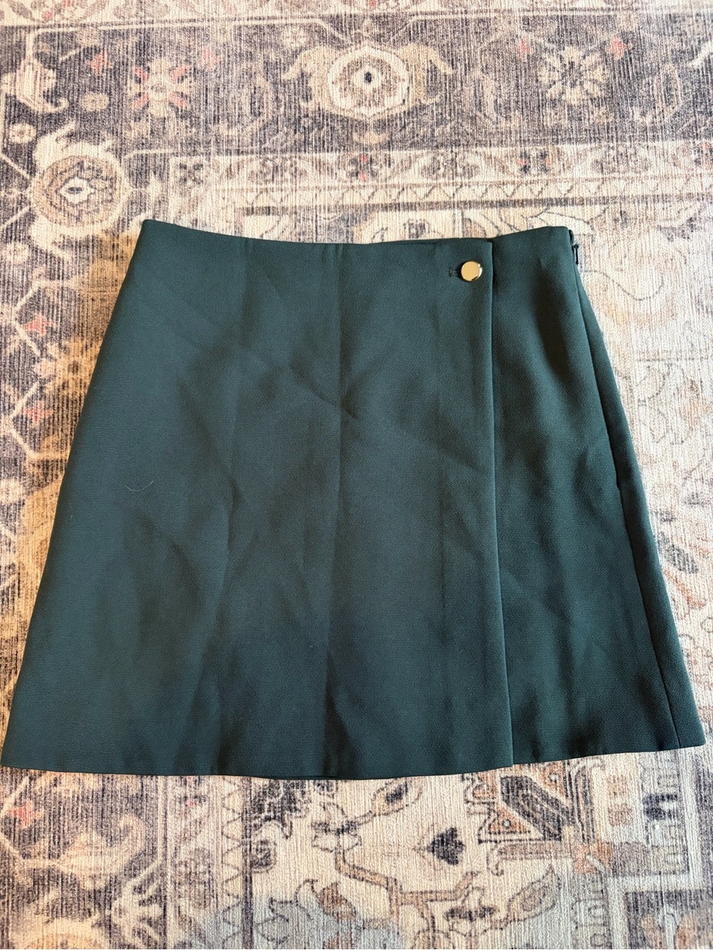 Babaton Dark Green Wrap-Front Mini Skirt with Gold Button